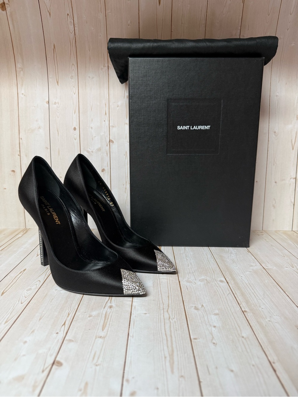 Saint Laurent Satin Crystal Embellished Tower 110 Pump Black Sz 37 / 7